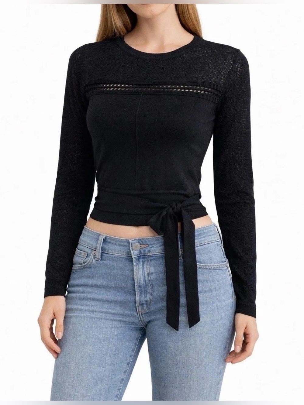 Zara Black Long Sleeve Crew Neck Cropped knit Ribbed mesh Tie Sweater